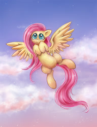 Size: 800x1047 | Tagged: safe, artist:munadrake, fluttershy, pegasus, pony, female, flying, hooves to the chest, looking at you, mare, sky, smiling, solo, spread wings, wings