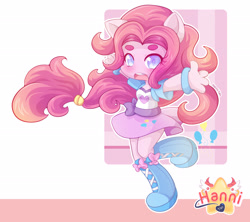 Size: 3096x2755 | Tagged: safe, artist:hanni-tan, pinkie pie, human, equestria girls, beanbrows, blushing, boots, bracelet, chibi, clothes, cute, diapinkes, eyebrows, female, high res, open mouth, ponied up, raised leg, skirt, solo