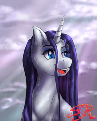 Size: 2400x3000 | Tagged: safe, artist:swiftriff, rarity, pony, unicorn, female, rain, smiling, solo, wet, wet mane, wet mane rarity