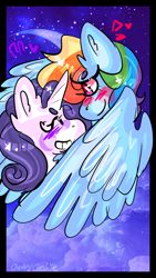 Size: 720x1280 | Tagged: safe, artist:cookieistotallyfake, derpibooru import, rainbow dash, rarity, pegasus, pony, unicorn, blushing, cloud, female, heart, lesbian, raridash, shipping