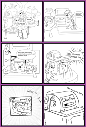 Size: 3601x5256 | Tagged: safe, artist:rusticanon, derpibooru import, pinkie pie, rainbow dash, earth pony, pegasus, pony, comic:ponies in the modern museum, comic, female, machine, monochrome, stuck, wrapping