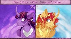 Size: 1024x564 | Tagged: safe, artist:castaspellliana, sunset shimmer, twilight sparkle, twilight sparkle (alicorn), alicorn, pony, alicornified, alternate universe, banner, curved horn, duo, female, horn, jewelry, mare, race swap, regalia, shimmercorn, siblings, sisters, sky, wings