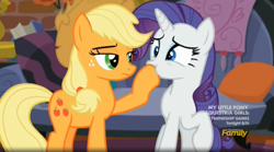 Size: 1655x917 | Tagged: safe, screencap, applejack, rarity, earth pony, pony, unicorn, made in manehattan, applejack's damaged hat, applejack's hat, coco's apartment, cowboy hat, discovery family logo, duo, female, hat, hoof in mouth, hoofjack, mare, raised eyebrow, raised hoof, shut up