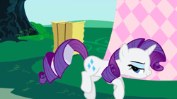 Size: 1440x807 | Tagged: safe, screencap, rarity, pony, unicorn, party of one, female, hay bale, looking back, mare, sneaking, solo, tail hold