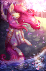 Size: 1432x2240 | Tagged: safe, alternate version, artist:9de-light6, fluttershy, pegasus, pony, eyes closed, folded wings, meadow, petals, river, sitting, solo, stream, tree, windswept mane