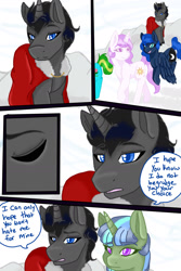 Size: 1024x1536 | Tagged: safe, artist:jeyjeymohr, clover the clever, princess celestia, princess luna, alicorn, pegasus, pony, unicorn, comic:crownless, cloak, clothes, comic, dialogue