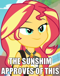 Size: 600x759 | Tagged: safe, edit, edited screencap, screencap, sunset shimmer, better together, equestria girls, forgotten friendship, approval, belly button, bikini, bikini top, blurry background, caption, cliff, clothes, cloud, cropped, cute, female, forest background, geode of empathy, image macro, jewelry, lidded eyes, magical geodes, midriff, necklace, outdoors, sarong, sexy, shimmerbetes, shoulder bag, sky, sleeveless, smiling, solo, steps, sunshim, swimsuit, text