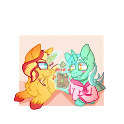 Size: 600x600 | Tagged: safe, artist:uwus, lyra heartstrings, sunset shimmer, pony, unicorn, blushing, chatting, chest fluff, chips, clothes, cute, doritos, duo, eating, equestria girls ponified, female, fluffy, food, hoodie, horn, laying on ground, lesbian, levitation, lying down, lyrabetes, lyraset, magic, ponified, shimmerbetes, shipping, shipping fuel, simple background, sleepover, telekinesis, transparent background