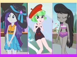 Size: 1374x1023 | Tagged: safe, edit, edited screencap, screencap, drama letter, octavia melody, rarity, watermelody, better together, equestria girls, the salty sails, turf war, x marks the spot, background human, clothes, female, geode of shielding, magical geodes, swimsuit, trio, trio female