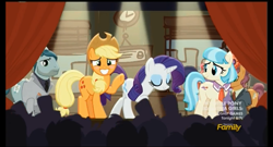 Size: 773x418 | Tagged: safe, screencap, applejack, coco pommel, rarity, earth pony, pony, unicorn, made in manehattan, applejack's damaged hat, blushing, nervous, stage, waving