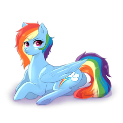 Size: 2000x2000 | Tagged: safe, artist:kraytt-05, derpibooru import, rainbow dash, pegasus, pony, alternate hairstyle, cute, dashabetes, female, high res, mare, prone, simple background, solo, white background