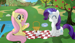 Size: 3337x1923 | Tagged: safe, artist:shutterflyeqd, fluttershy, rarity, pegasus, pony, unicorn, basket, cup, cute, eyes closed, female, flarity, food, friendshipping, hoof hold, lesbian, magic, open mouth, picnic blanket, pond, raribetes, shipping, shyabetes, signature, sitting, tea, tea party, teacup, teapot