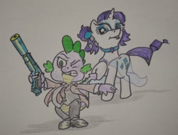 Size: 1200x911 | Tagged: safe, rarity, spike, dragon, pony, unicorn, detective, female, gun, handgun, m1911, male, pistol, shipping, sparity, straight, suit and tie, traditional art