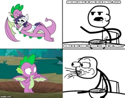 Size: 620x485 | Tagged: safe, artist:dragondaak, edit, edited screencap, editor:secrettitan, screencap, rarity, spike, dragon, pony, unicorn, molt down, cereal guy, engrish, exploitable meme, female, grammar error, hug, male, mare, meme, older, older spike, shipping, sparity, straight, winged spike