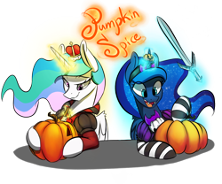 Size: 1200x1000 | Tagged: safe, artist:xxmarkingxx, princess celestia, princess luna, alicorn, pony, clothes, costume, female, glowing horn, halloween, holiday, magic, mare, nightmare night, pumpkin, pumpkin carving, royal sisters, simple background, sisters, smiling, sword, transparent background, weapon