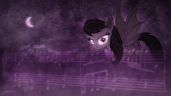 Size: 1920x1080 | Tagged: safe, artist:doctor-g, artist:jamey4, derpibooru import, octavia melody, bat pony, earth pony, pony, bat ponified, batavia, crescent moon, glowing eyes, looking at you, necktie, night sky, race swap, solo, stars, wallpaper