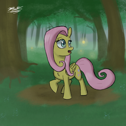 Size: 1700x1700 | Tagged: safe, artist:hypno, fluttershy, pegasus, pony, forest, looking back, solo