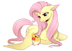 Size: 1300x919 | Tagged: safe, artist:renciel, fluttershy, bird, pegasus, pony, prone, signature, smiling