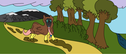 Size: 1616x703 | Tagged: safe, artist:amateur-draw, fluttershy, pegasus, pony, 1000 hours in ms paint, cape, cloak, clothes, hidden face, ms paint, mud, muddy hooves, road, scenery