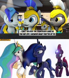 Size: 3840x4328 | Tagged: safe, artist:goatcanon, princess celestia, princess luna, tempest shadow, oc, oc:general dust, oc:general strawcream, alicorn, pony, my little pony: the movie, 3d, bar, comic, female, guardsmare, mare, royal guard, source filmmaker