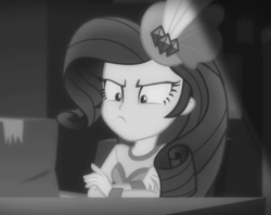 Size: 910x720 | Tagged: safe, screencap, rarity, better together, equestria girls, rarity investigates: the case of the bedazzled boot, animated, cropped, gif, monochrome, solo, unamused