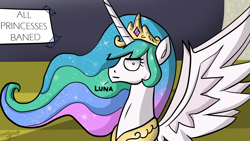 Size: 3264x1836 | Tagged: safe, artist:zsparkonequus, princess celestia, alicorn, pony, crown, female, jewelry, mare, regalia, sign, solo, unamused