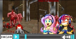 Size: 902x468 | Tagged: safe, artist:brandonale, artist:the-butch-x, fluttershy, sunset shimmer, equestria girls, doom 2, duo, duo female, female, gamershy, happy, open mouth, rageset shimmer, sunset gamer, sunset shimmer frustrated at game