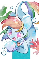 Size: 692x1024 | Tagged: safe, artist:kura, derpibooru import, rainbow dash, merpony, pegasus, pony, bubble, coral, cute, dashabetes, female, jewelry, necklace, no pupils, open mouth, pearl necklace, seashell, seashell necklace, seaweed, solo, the little mermaid, underwater