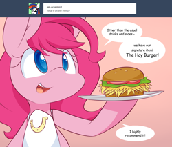 Size: 1000x850 | Tagged: safe, artist:dshou, pinkie pie, earth pony, pony, burger, clothes, cute, dialogue, diapinkes, food, hay burger, open mouth, solo, speech bubble, the hayburger, yet another pinkie blog