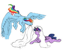 Size: 1280x1000 | Tagged: safe, artist:art-and-a-half, derpibooru import, rainbow dash, twilight sparkle, twilight sparkle (alicorn), alicorn, pegasus, pony, blanket, female, flying, lesbian, looking at each other, mare, nesting instinct, shipping, simple background, sketch, twidash, white background