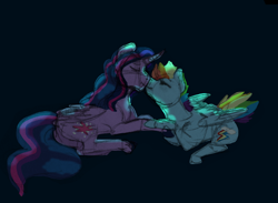 Size: 1280x935 | Tagged: safe, artist:art-and-a-half, derpibooru import, rainbow dash, twilight sparkle, twilight sparkle (alicorn), alicorn, pegasus, pony, butt, dark background, eyes closed, female, holding hooves, lesbian, lying down, mare, nuzzling, plot, prone, shipping, simple background, sketch, smiling, twidash