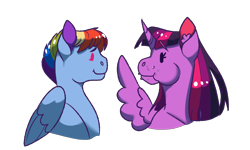 Size: 2048x1229 | Tagged: safe, artist:art-and-a-half, derpibooru import, rainbow dash, twilight sparkle, twilight sparkle (alicorn), alicorn, pegasus, pony, crumbs, cute, eating, female, lesbian, looking at each other, mare, shipping, simple background, smiling, spread wings, transparent background, twidash, wings