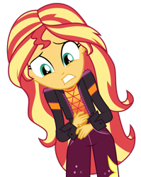 Size: 1207x1520 | Tagged: safe, artist:ponyalfonso, sunset shimmer, better together, equestria girls, sunset's backstage pass!, clothes, cutie mark, cutie mark on clothes, female, jacket, pants, simple background, solo, teeth, transparent background, vector