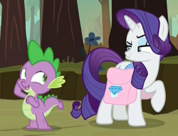 Size: 828x634 | Tagged: safe, screencap, rarity, spike, dragon, pony, unicorn, molt down, cropped, female, forest, male, nervous, raised eyebrow, raised hoof, saddle bag, suspicious, tree