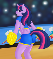 Size: 1420x1591 | Tagged: safe, artist:daf, derpibooru import, twilight sparkle, twilight sparkle (alicorn), alicorn, anthro, bookworm, cheerleader, clothes, midriff, shorts, solo