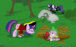 Size: 1024x634 | Tagged: safe, artist:easteu, derpibooru import, rarity, spike, twilight sparkle, dragon, pony, unicorn, ninja, pirate, rock