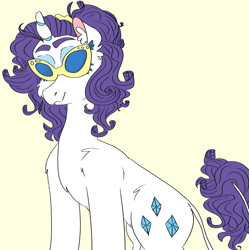 Size: 1024x1027 | Tagged: safe, artist:sodaaz, rarity, classical unicorn, pony, unicorn, cloven hooves, leonine tail, scrunchie, simple background, solo, sunglasses, unshorn fetlocks, yellow background