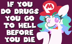 Size: 1133x698 | Tagged: safe, artist:threetwotwo32232, princess celestia, alicorn, pony, bust, captain lou albano, dialogue, dic, drugs, looking at you, mario hat, nintendo, parody, public service announcement, purple background, simple background, solo, super mario bros., super mario bros. super show, wat