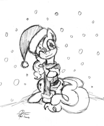 Size: 1752x2112 | Tagged: safe, artist:leadhooves, pinkie pie, earth pony, pony, christmas ponies, clothes, cute, hat, monochrome, santa costume, santa hat, snow, snowfall, solo