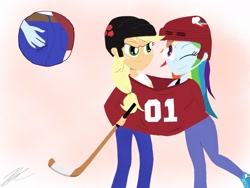 Size: 2224x1668 | Tagged: safe, artist:invaderody, derpibooru import, applejack, rainbow dash, equestria girls, appledash, butt grab, butt touch, clothes, female, grope, lesbian, shared clothing, shipping