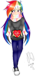 Size: 854x1851 | Tagged: safe, artist:drawcraft123, derpibooru import, rainbow dash, human, clothes, converse, cute, dashabetes, female, heart, holiday, humanized, scarf, shoes, simple background, solo, transparent background, tsunderainbow, tsundere, valentine's day