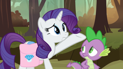 Size: 1920x1080 | Tagged: safe, screencap, rarity, spike, dragon, pony, unicorn, molt down, forest, saddle bag, stone scales