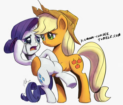 Size: 895x765 | Tagged: safe, artist:raikoh, applejack, rarity, earth pony, pony, unicorn, made in manehattan, applejack's damaged hat, armpits, bipedal leaning, crying, eye contact, frown, open mouth, running makeup, sad, scene interpretation, underhoof