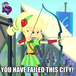 Size: 800x800 | Tagged: safe, screencap, applejack, equestria girls, friendship games, archery, arrow, arrow (tv), arrowverse, bow (weapon), bow and arrow, equestria girls logo, green arrow, image macro, meme, that was fast, weapon, you have failed this city