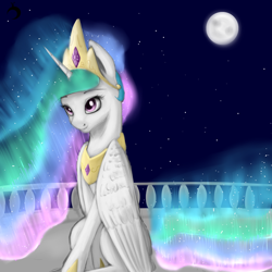 Size: 1000x1000 | Tagged: safe, artist:ruanshi, princess celestia, alicorn, pony, female, horn, mare, moon, multicolored mane, solo, white coat