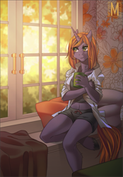 Size: 1043x1500 | Tagged: safe, artist:margony, derpibooru import, oc, oc only, anthro, unguligrade anthro, anthro oc, autumn, bedroom, clothes, coffee, coffee mug, midriff, morning ponies, shirt, shorts, solo, wallpaper, window