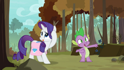 Size: 1920x1080 | Tagged: safe, screencap, rarity, spike, dragon, pony, unicorn, molt down, duo, female, forest, male, mare, saddle bag, stone scales, tongue out