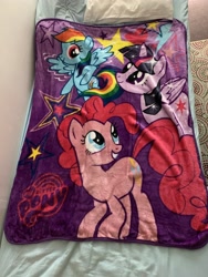 Size: 3024x4032 | Tagged: safe, derpibooru import, pinkie pie, rainbow dash, twilight sparkle, twilight sparkle (alicorn), alicorn, pony, blanket, irl, merchandise, photo