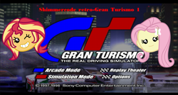 Size: 851x456 | Tagged: safe, fluttershy, sunset shimmer, equestria girls, gran turismo, gran turismo 1, shimmercode