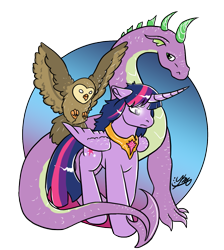 Size: 1213x1355 | Tagged: safe, artist:kiramoses, derpibooru import, owlowiscious, spike, twilight sparkle, twilight sparkle (alicorn), alicorn, dragon, pony, female, mare, older, simple background, transparent background